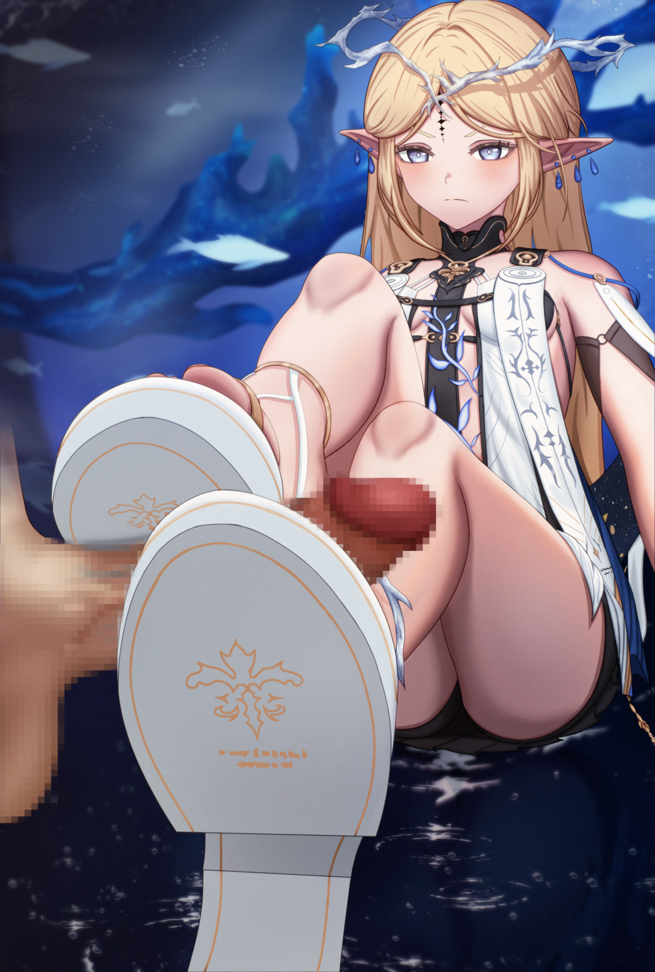 denokoto, cartethyia (wuthering waves), wuthering waves, absurdres, highres, large variant set, variant set, 1boy, 1girl, bare shoulders, black collar, blonde hair, blue background, blurry, blurry background, blush, breasts, closed mouth, collar, crown of thorns, earrings, erection, footjob, foreshortening, gold trim, grey eyes, hair ornament, hetero, jewelry, knees up, legs, miniskirt, multiple earrings, out of frame, parted bangs, penis, pointy ears, sandals, shoe soles, shoejob, sidelocks, sitting, skirt, small breasts, smile, thighs, toenails, toes, two-footed footjob, underboob, v-shaped eyebrows, white sandals