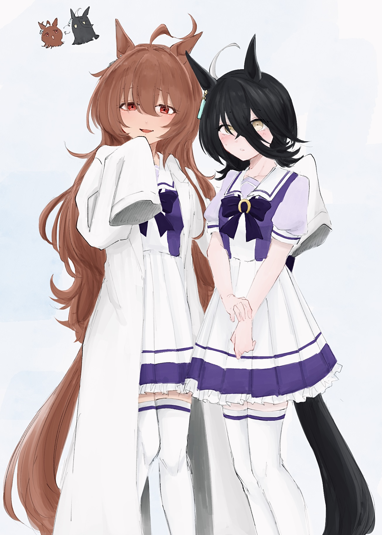 hydr051, agnes tachyon (umamusume), manhattan cafe (umamusume), umamusume, highres, 2girls, alternate hairstyle, animal ears, black hair, blush, brown hair, coat, hair between eyes, hairstyle switch, horse ears, horse girl, horse tail, lab coat, long bangs, long hair, medium hair, multiple girls, open mouth, pleated skirt, purple shirt, red eyes, sailor collar, school uniform, shirt, sidelocks, skirt, tail, thighhighs, tracen school uniform, very long hair, white coat, white sailor collar, white skirt, white thighhighs, wolf cut, yellow eyes