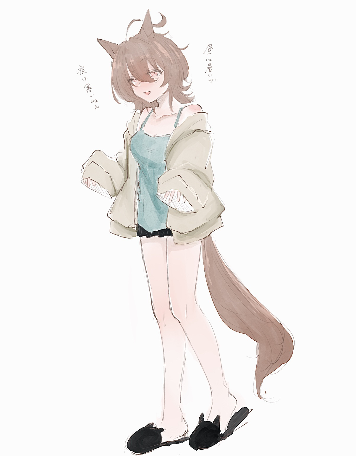 hydr051, agnes tachyon (umamusume), umamusume, highres, 1girl, ahoge, alternate costume, animal ears, bare shoulders, black shorts, blue tank top, blush, brown hair, grey jacket, hair between eyes, horse ears, horse girl, horse tail, jacket, looking at viewer, medium hair, open mouth, red eyes, shorts, sidelocks, slippers, solo, tail, tank top, wolf cut