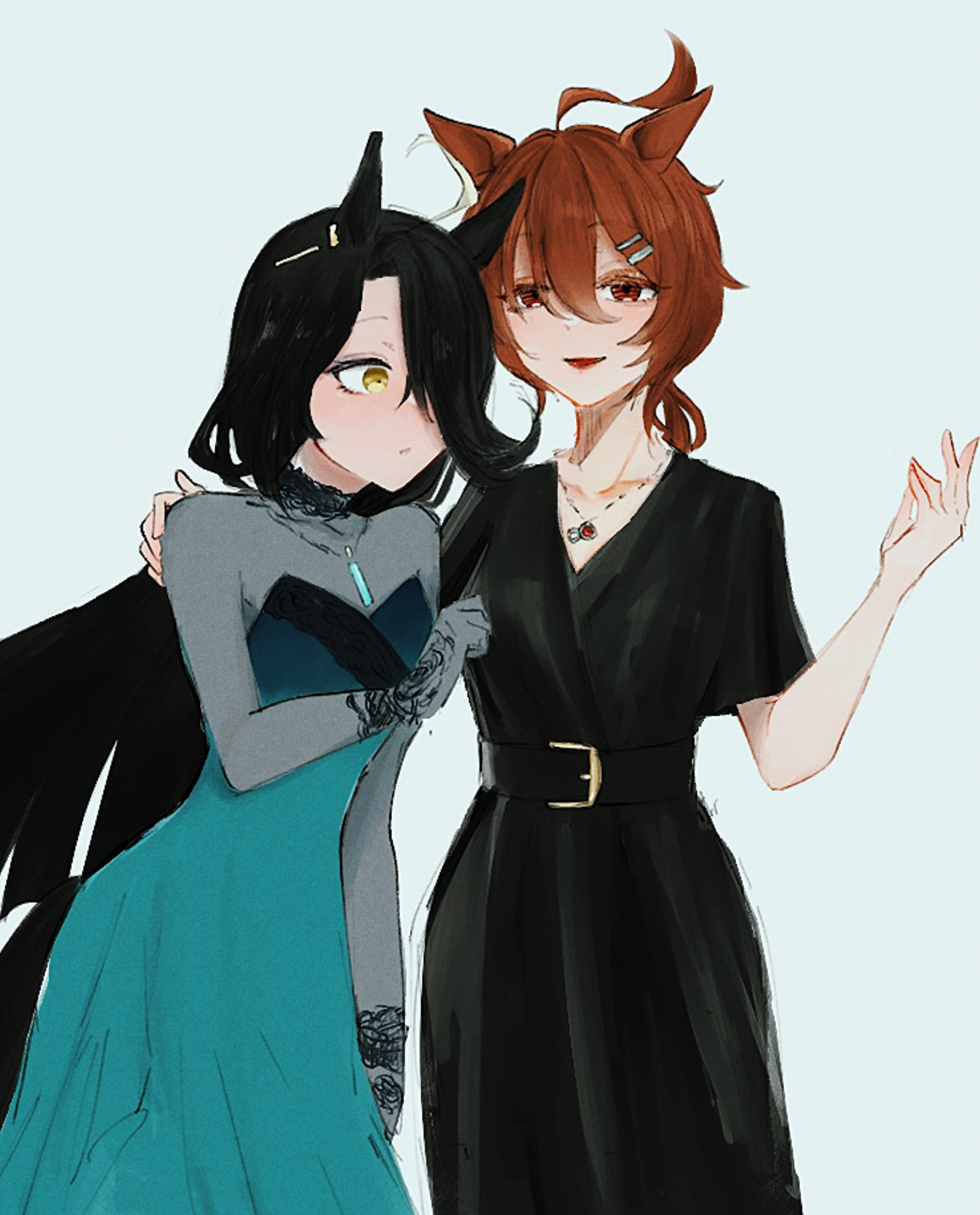 hydr051, agnes tachyon (umamusume), manhattan cafe (umamusume), umamusume, highres, 2girls, ahoge, alternate costume, alternate hairstyle, animal ears, black hair, blue dress, blush, brown hair, closed mouth, dress, hair between eyes, hair over one eye, horse ears, horse girl, horse tail, jewelry, long hair, medium hair, multiple girls, necklace, open mouth, red eyes, short sleeves, sidelocks, tail, wolf cut, yellow eyes