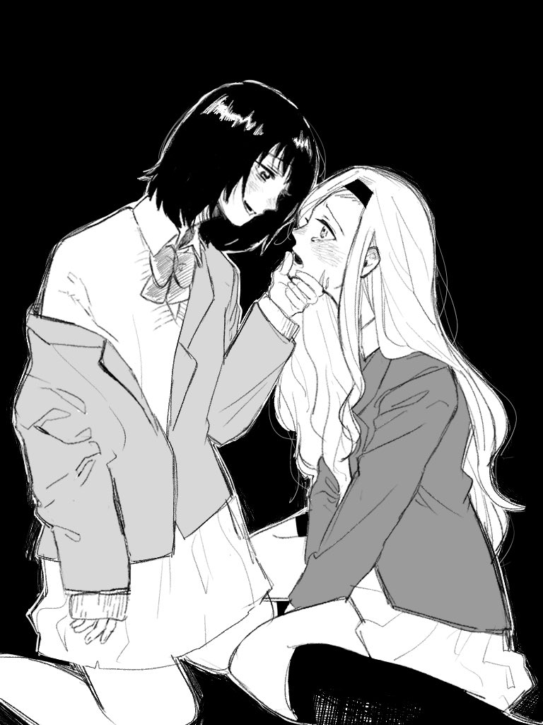 kirarazaka marina, kuze shizuka, takopii no genzai, commentary request, 2girls, blazer, blush, bow, bowtie, collared shirt, eye contact, greyscale, hairband, hand on another's face, jacket, kneehighs, kneeling, long hair, looking at another, medium hair, monochrome, multiple girls, open mouth, osakanano fly, pleated skirt, school uniform, shirt, skirt, smile, socks, tears, yuri