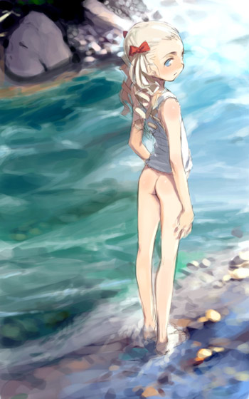 haimura kiyotaka, rainbow spectrum, copyright request, 1girl, ass, barefoot, blonde hair, blue eyes, bottomless, camisole, feet, female focus, loli, looking back, no panties, ocean, oekaki, outdoors, river, solo, water