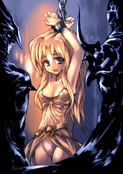 kouno hikaru, cain highwind, golbez, rosa farrell, final fantasy, final fantasy iv, 1990s (style), 1girl, 2boys, armor, armpits, arms up, bdsm, belt, blonde hair, blue eyes, blurry, blurry background, bondage, bound, breasts, chain, cleavage, dress, helmet, long hair, looking at viewer, multiple boys, open mouth, panties, pink panties, silhouette, thigh gap, underwear, very long hair, yellow dress
