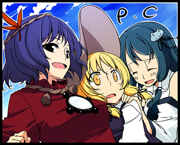 sakuraba yuuki, kochiya sanae, moriya suwako, yasaka kanako, touhou, hand on shoulder, 3girls, ^ ^, blonde hair, closed eyes, detached sleeves, dutch angle, female focus, green hair, hair ornament, hat, leaf, leaf hair ornament, looking at viewer, maple leaf, mirror, multiple girls, open mouth, rope, shimenawa, short hair, sidelocks, sky, surprised, yellow eyes