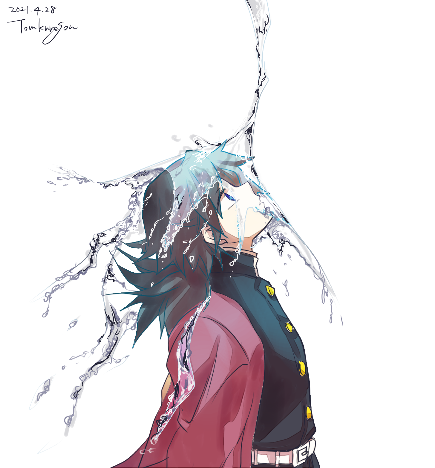 tomkureson, tomioka giyuu, kimetsu no yaiba, highres, 1boy, artist name, belt, black jacket, black pants, blue eyes, buttons, dated, demon slayer uniform, haori, head back, jacket, japanese clothes, looking up, male focus, pants, red haori, simple background, solo, upper body, water, white background, white belt