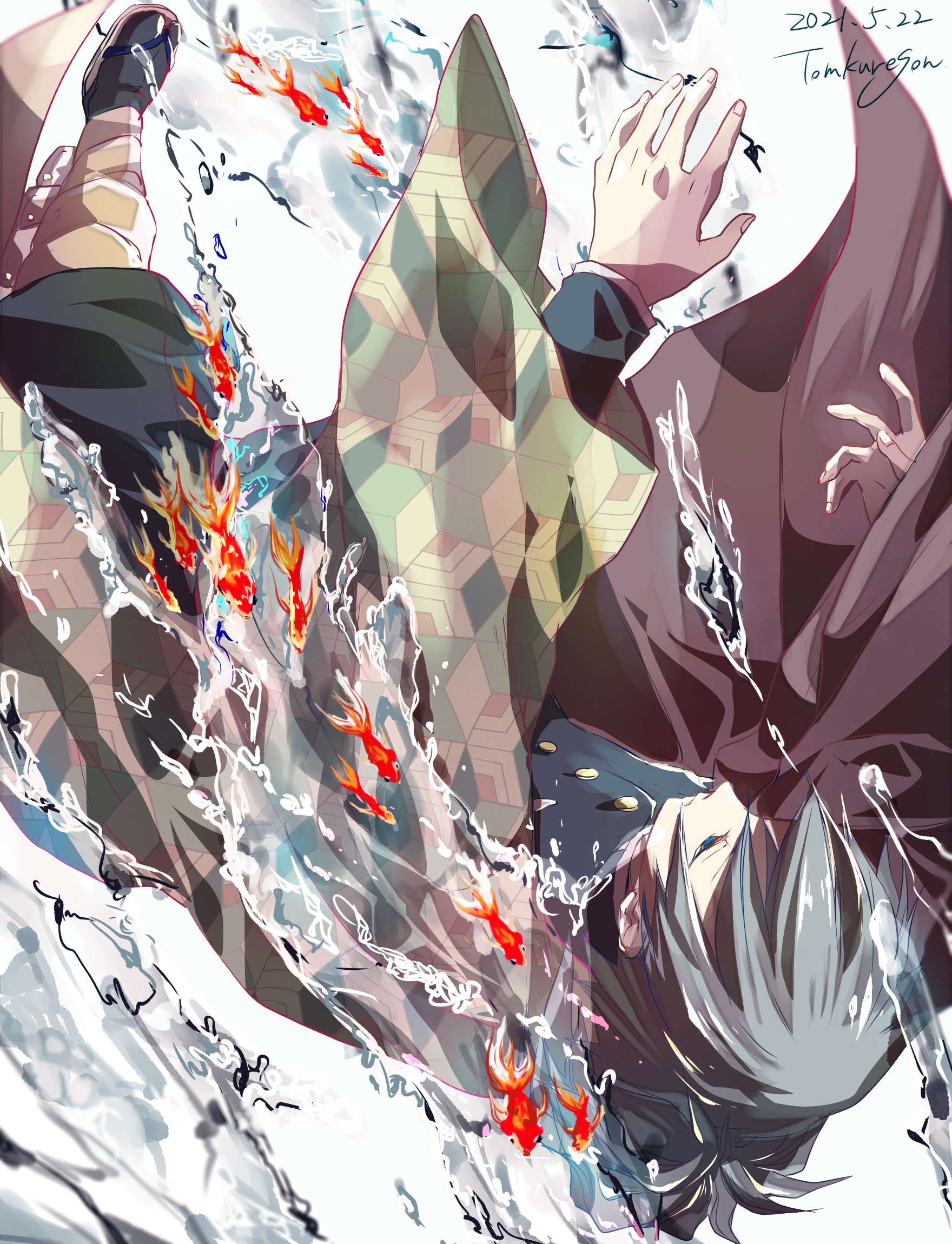 tomkureson, tomioka giyuu, kimetsu no yaiba, highres, 1boy, black hair, black jacket, black pants, black shoes, blue eyes, buttons, closed mouth, demon slayer uniform, falling, haori, jacket, japanese clothes, long hair, low ponytail, male focus, pants, ponytail, puffy pants, red haori, sandals, shoes, solo, spiked hair, water