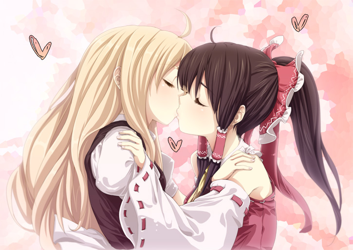 buriki, hakurei reimu, kirisame marisa, touhou, hands on shoulders, 2girls, ahoge, bare shoulders, blonde hair, blush, bow, brown hair, closed eyes, couple, detached sleeves, female focus, hair bow, hair tubes, heart, japanese clothes, kiss, long hair, miko, multiple girls, no headwear, pink background, ponytail, profile, wide sleeves, yuri