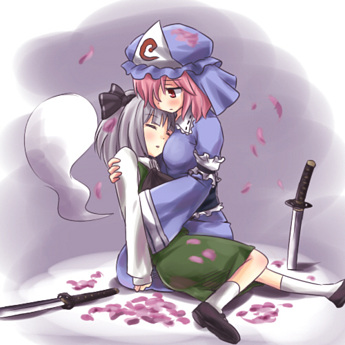 kiji (manekinuko-tei), konpaku youmu, konpaku youmu (ghost), saigyouji yuyuko, touhou, silver hair, lowres, 2girls, bow, female focus, frills, hat, hug, japanese clothes, katana, multiple girls, petals, pink eyes, pink hair, shoes, short hair, socks, sword, triangular headpiece, weapon, wide sleeves