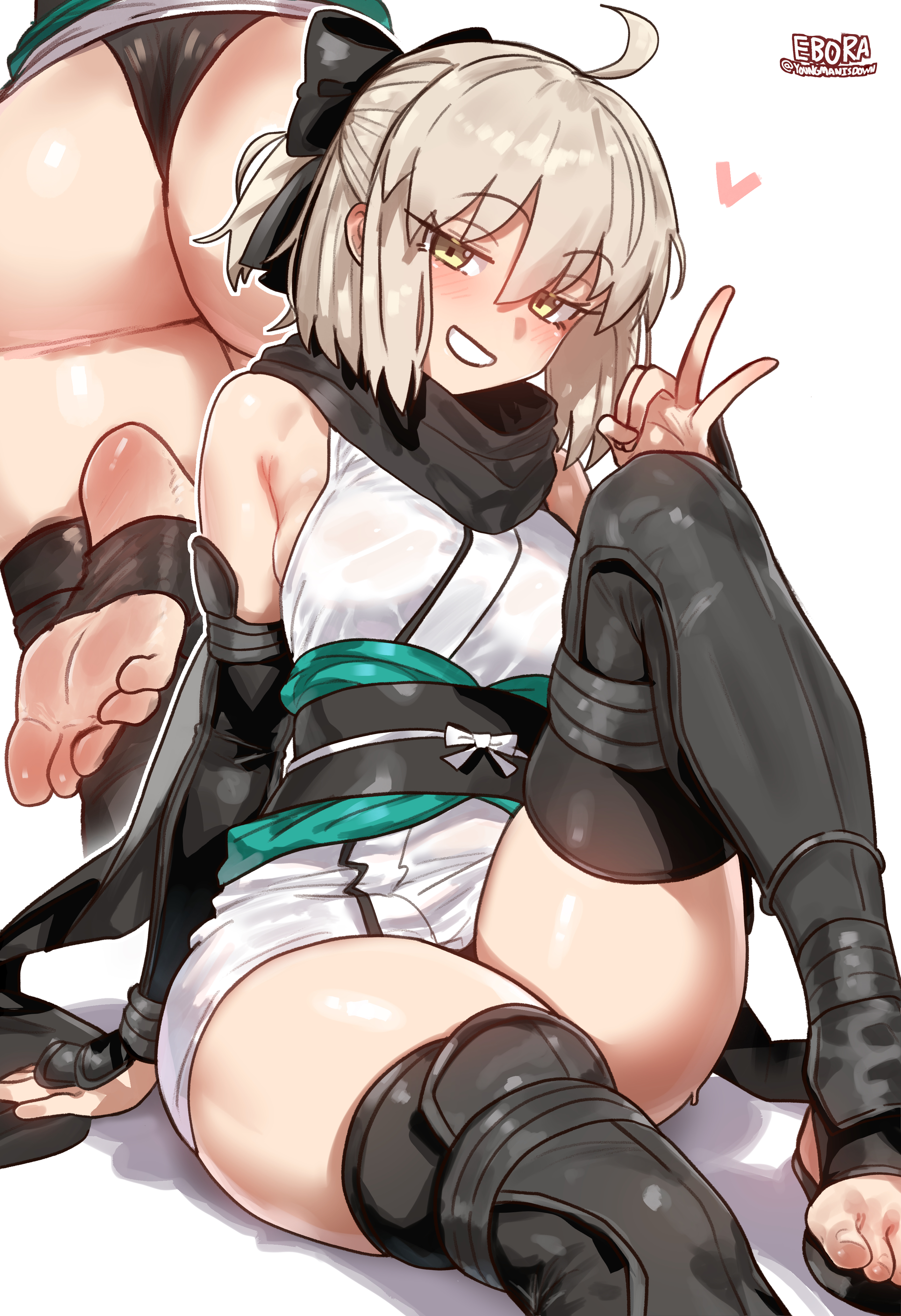 ebora, okita souji (fate), okita souji (koha-ace), fate/grand order, fate (series), koha-ace, absurdres, bad link, highres, 1girl, ahoge, arm guards, ass, black bow, black panties, blonde hair, bow, breasts, detached sleeves, feet, grin, hair bow, half updo, haori, japanese clothes, kimono, large breasts, looking at viewer, multiple views, obi, okita souji (third ascension) (fate), panties, sash, short hair, short kimono, sitting, sleeveless, sleeveless kimono, smile, stirrup legwear, thighs, toeless legwear, underwear, white background, white kimono, yellow eyes