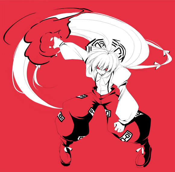 tooya, touya (the-moon), fujiwara no mokou, touhou, 1girl, female focus, full body, red background, red theme, solo