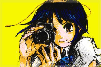 shameimaru aya, touhou, lowres, 1girl, camera, female focus, looking at viewer, smile, solo, yellow background