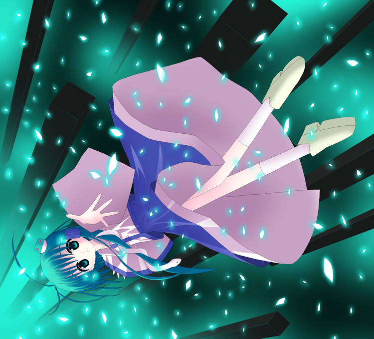 sakai kouji, kochiya sanae, touhou, 1girl, blue skirt, falling, female focus, frog hair ornament, green eyes, green hair, hair ornament, hair tubes, kneehighs, looking at viewer, matching hair/eyes, outstretched arm, shoes, skirt, snake hair ornament, socks, solo, upside-down, white socks