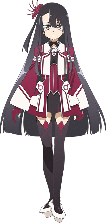 koori chikage, yuuki yuuna wa yuusha de aru, yuuki yuuna wa yuusha de aru: hanayui no kirameki, yuusha de aru, official art, 1girl, black hair, black thighhighs, blush, dress, flower, full body, gloves, hair flower, hair ornament, long hair, long sleeves, magical girl, one side up, red dress, red flower, red gloves, ribbon, scythe, solo, spider lily, straight-on, thighhighs, very long hair