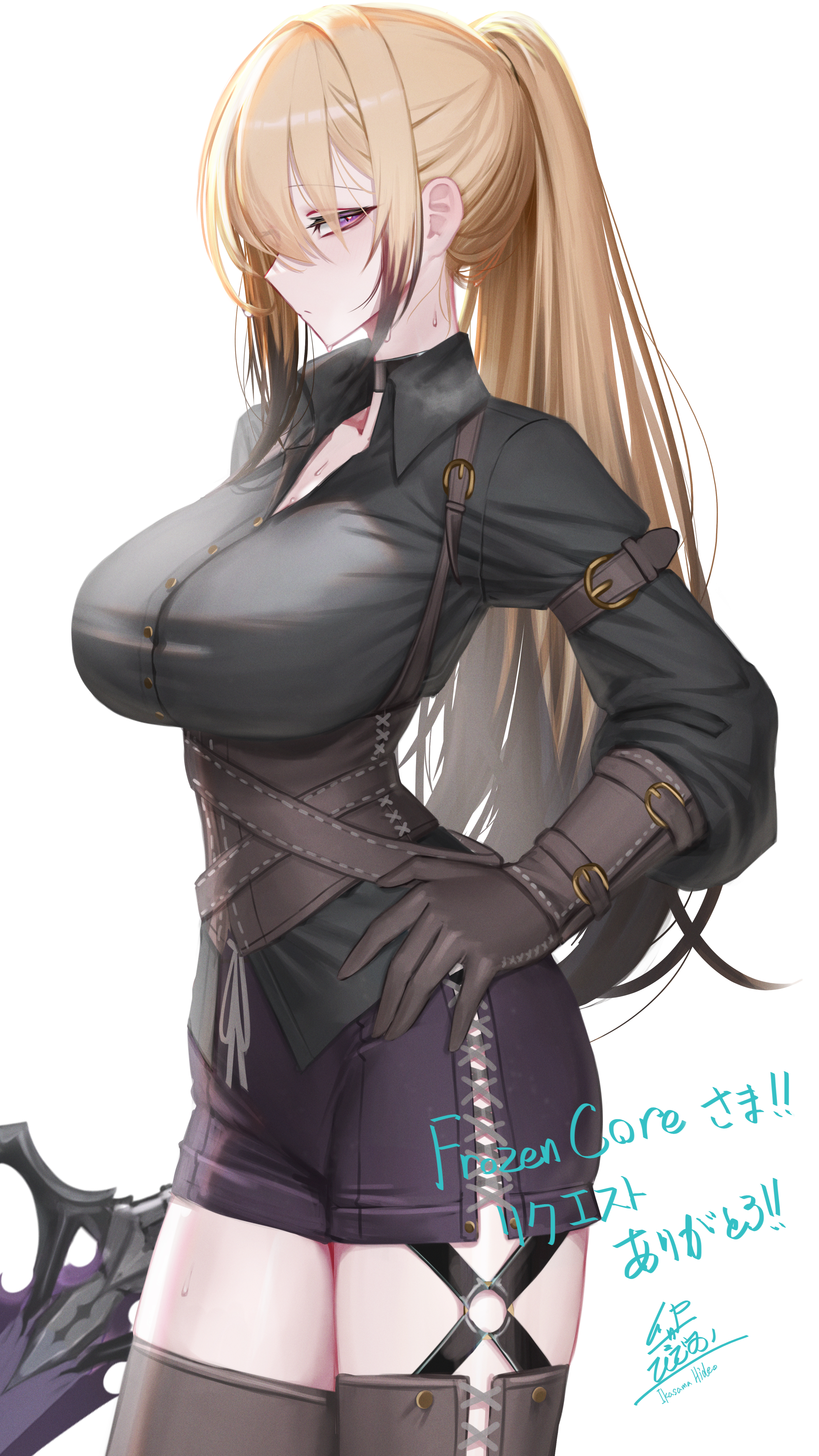 ikasamahideo, enserri (frozencore94), original, absurdres, commission, highres, skeb commission, 1girl, arm strap, black choker, black hair, black shirt, blonde hair, boots, borrowed character, breasts, brown corset, brown gloves, choker, closed mouth, collared shirt, colored tips, commissioner name, corset, cowboy shot, cross-laced clothes, cross-laced shorts, dress shirt, fantasy, gloves, hand on own hip, holding, holding sword, holding weapon, large breasts, leather, leather corset, leather gloves, long hair, long sleeves, looking at viewer, multi-source commentary, multicolored hair, o-ring, o-ring thigh strap, ponytail, purple eyes, purple shorts, shirt, short shorts, shorts, sidelocks, signature, simple background, solo, sword, thank you, thigh boots, thigh strap, underbust, weapon, white background