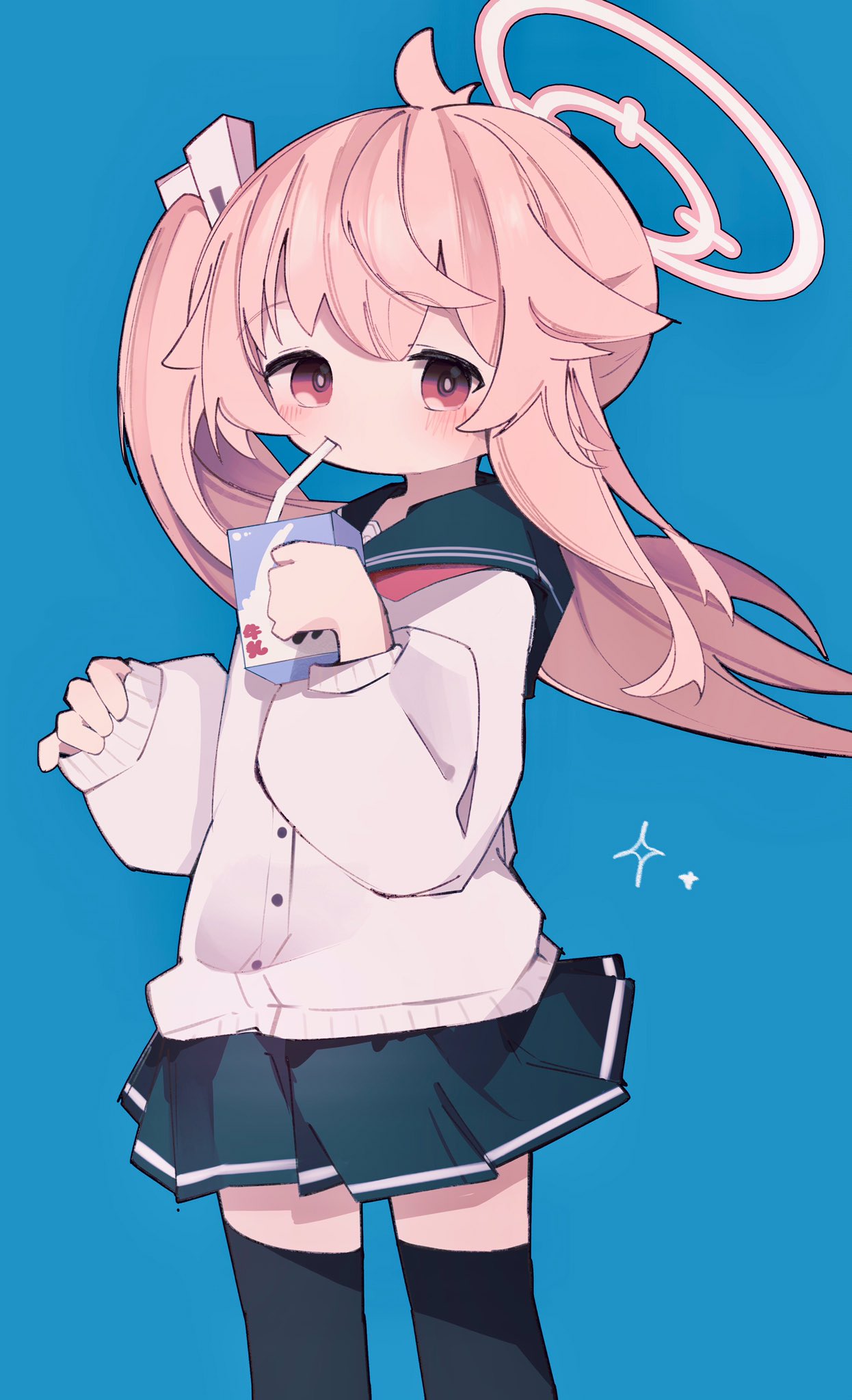 natsu (blue archive), blue archive, highres, 1girl, ahoge, blush, cardigan, hair ornament, halo, holding, holding milk carton, long hair, long sleeves, looking at viewer, milk carton, neckerchief, pink hair, pink halo, pleated skirt, red eyes, red neckerchief, sailor collar, school uniform, shirt, side ponytail, simple background, skirt, solo, vonvondx, white cardigan