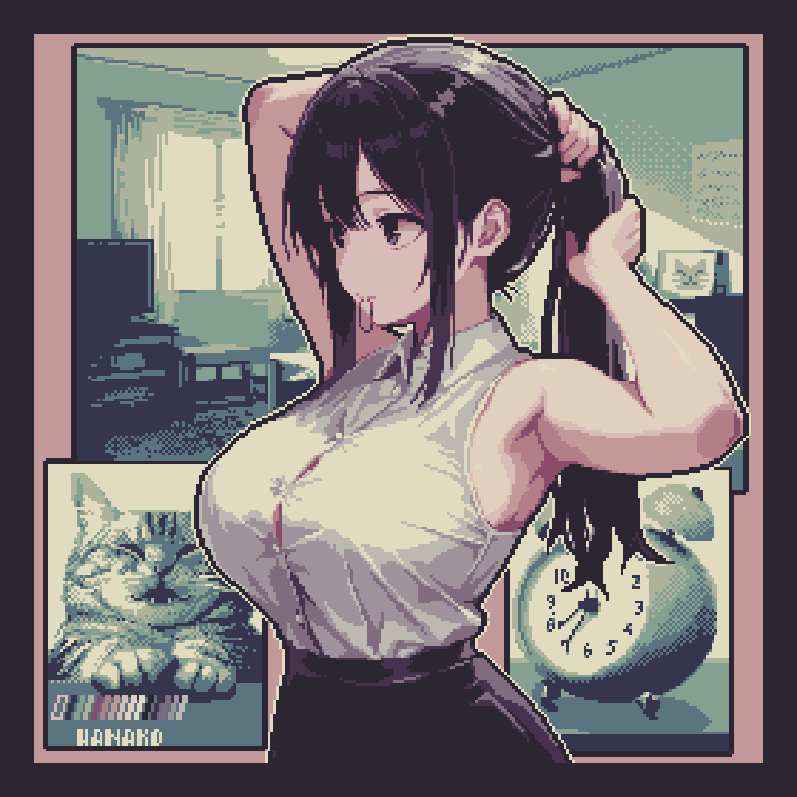 specialhanako, original, 1girl, alarm clock, armpits, arms behind head, arms up, black eyes, black hair, black skirt, breasts, bursting breasts, cat, clock, collared shirt, from side, grabbing own hair, hair between eyes, holding, holding own hair, large breasts, living room, long hair, multiple views, pencil skirt, pixel art, ponytail, shirt, shirt tucked in, sidelocks, skirt, sleeveless, sleeveless shirt, solo, white shirt