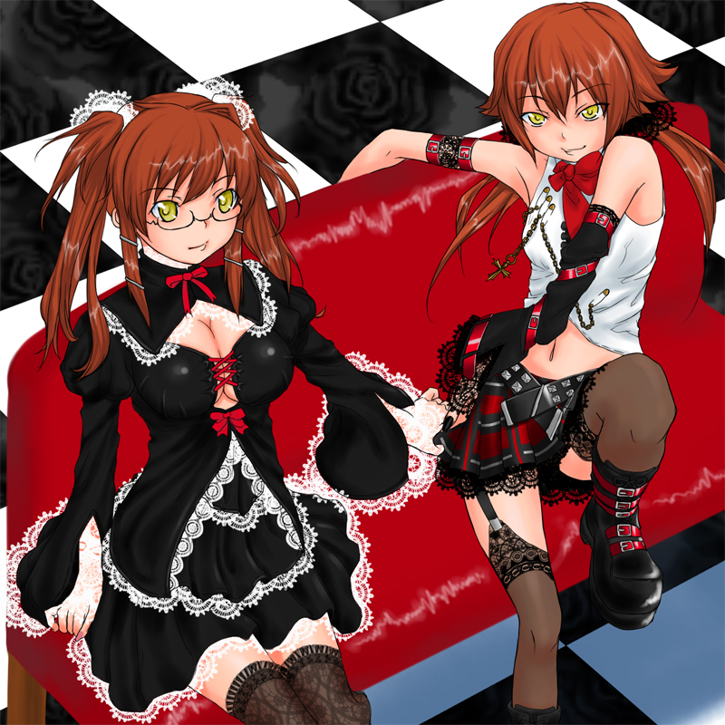 rokuichi, 2girls, belt, boots, breasts, cleavage, couch, glasses, gothic lolita, lolita fashion, midriff, multiple girls, navel, plaid clothes, plaid skirt, red upholstery, safety pin, skirt, thighhighs, yellow eyes, zettai ryouiki