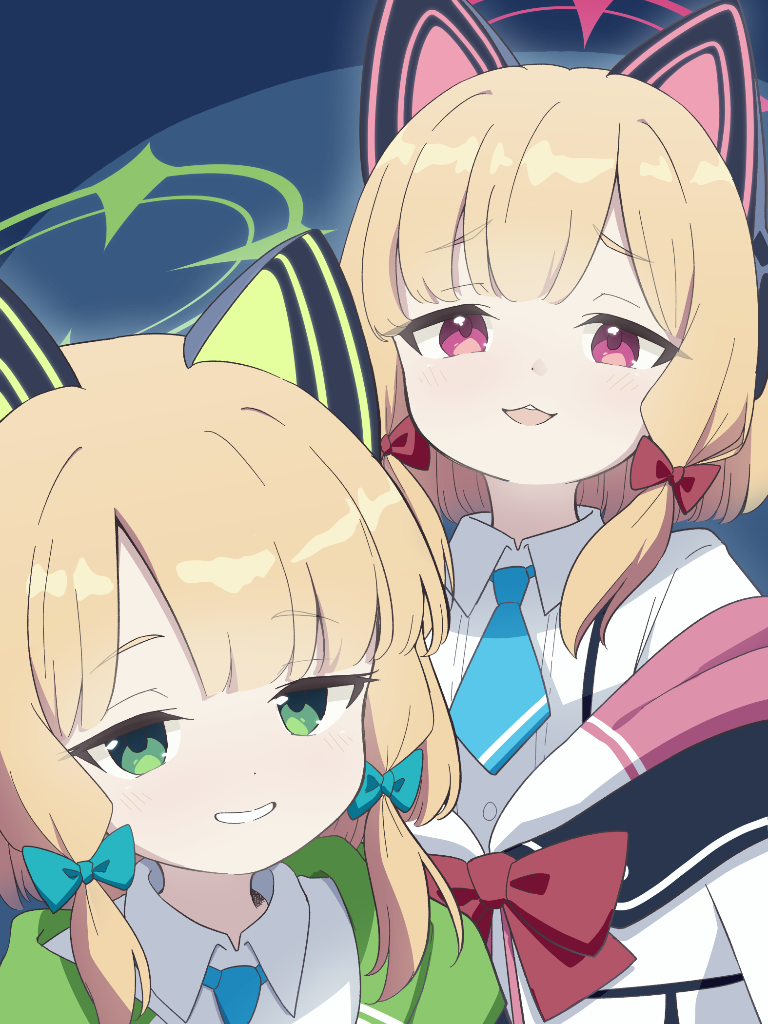 kyousuke (orcein), midori (blue archive), momoi (blue archive), blue archive, commentary request, highres, 2girls, animal ear headphones, animal ears, blonde hair, blue background, blue necktie, bow, cat ear headphones, cat ears, collared shirt, dot nose, dress shirt, fake animal ears, green bow, green eyes, green halo, green jacket, grin, hair bow, halo, headphones, jacket, light blush, looking at viewer, low-tied sidelocks, medium hair, multicolored jacket, multiple girls, necktie, off shoulder, open mouth, parted bangs, pink eyes, pink halo, pink jacket, red bow, school uniform, shirt, short necktie, siblings, sidelocks, simple background, sisters, smile, teeth, twins, upper body, upper teeth only, white jacket, white mouth, white shirt