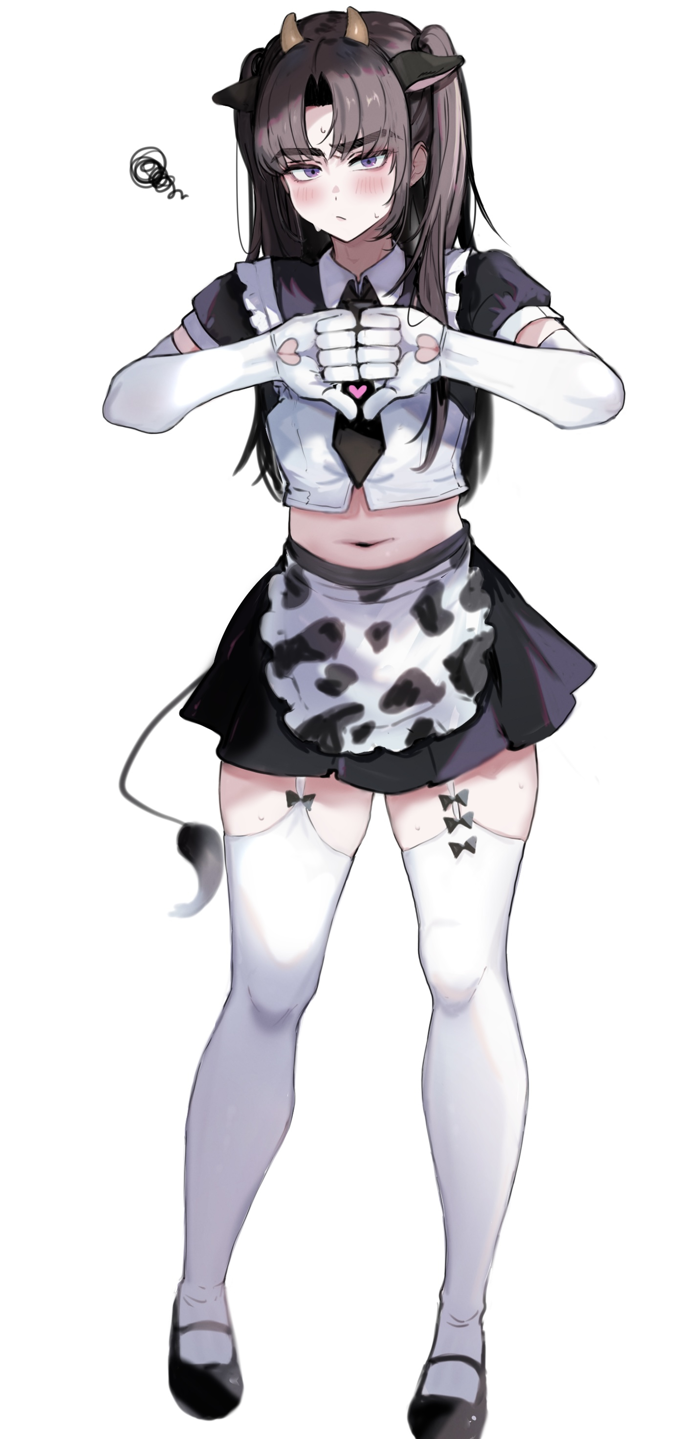 imamiya pinoko, original, absurdres, highres, 1boy, animal ears, animal print, apron, ayase ayato (imamiya pinoko), black hair, blush, cow ears, cow horns, cow print, cow tail, crossdressing, crossdressing (mtf), elbow gloves, fake animal ears, fake horns, full body, garter straps, gloves, horns, long hair, maid, male maid, midriff, puffy short sleeves, puffy sleeves, purple eyes, short sleeves, solo, squiggle, stomach, sweat, tail, thick eyebrows, thighhighs, trap, twintails, waist apron, white background, white gloves, white thighhighs