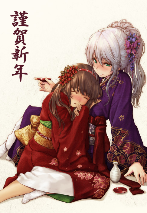 tokunou shoutarou, original, 2girls, alcohol, drunk, hair ornament, japanese clothes, kimono, multiple girls, new year, sake