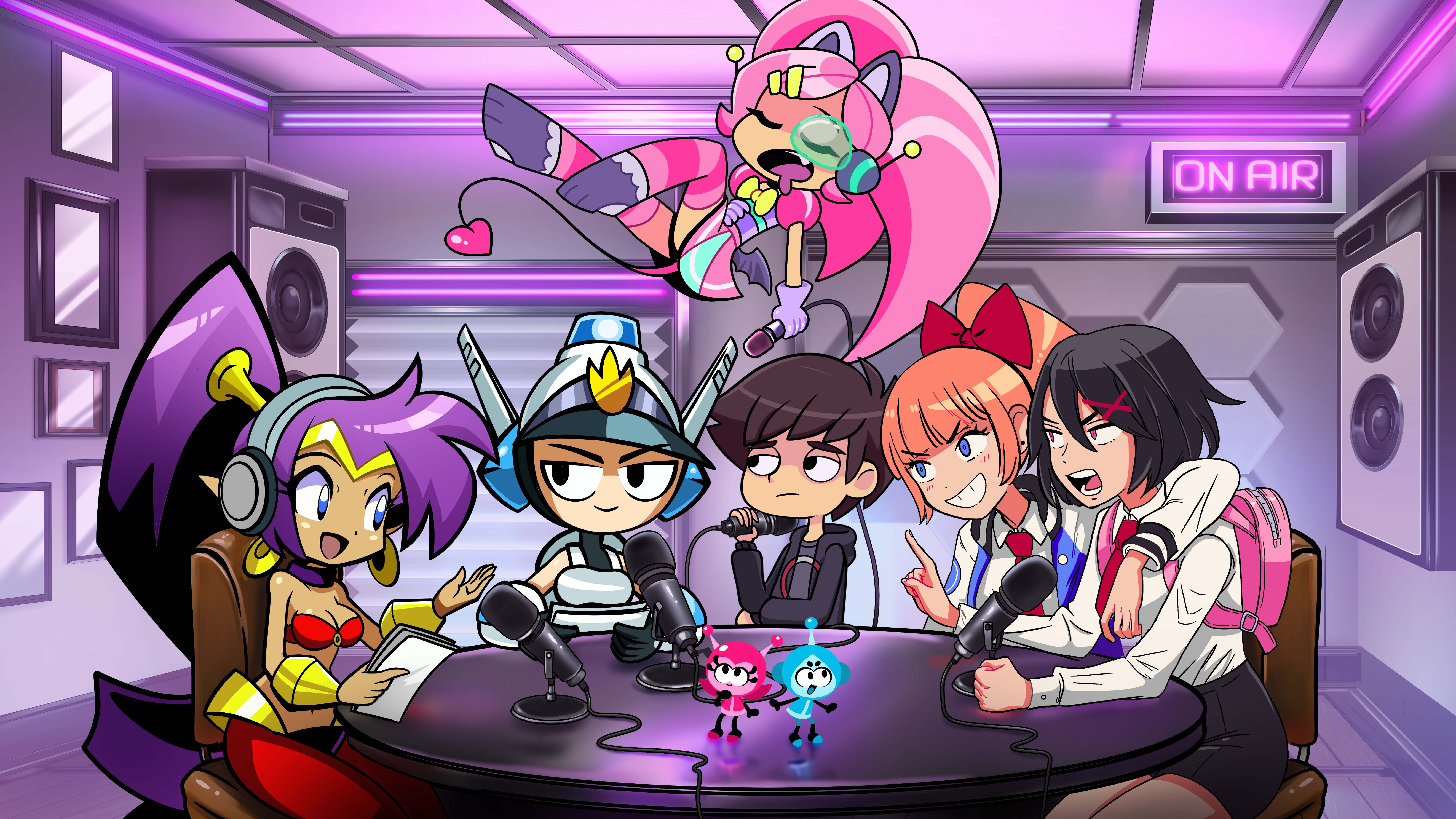 kyoko (kunio-kun), misako (kunio-kun), patricia wagon, shantae, kunio-kun series, mighty (series), mighty switch force!, real life, river city girls, shantae (series), wayforward, absurdres, artist request, commentary, english commentary, highres, official art, second-party source, 2boys, 6+girls, adam tierney, alarm siren, amplifier, animal ears, anime coloring, arabian clothes, arm around shoulder, armor, backpack, bag, bandeau, bare shoulders, bat wings, belt, black eyes, black hair, black hood, black jacket, black shoes, black sleeve cuffs, black sleeves, blue eyes, blue jacket, blunt bangs, blush, blush stickers, bob cut, boobplate, bow, bowtie, bracer, breastplate, breasts, brown hair, buttoned cuffs, buttons, cat ears, cat girl, cat girl without salad, chair, chest belt, circlet, cleavage, closed mouth, collar, collared jacket, company connection, crew neck, crossover, dark skin, dot nose, drooling, earrings, eyelashes, fang, floating, genie, gloves, gold bracer, gold circlet, gold earrings, gold hair tie, gradient hair, green belt, green skirt, grey shirt, grin, hair between eyes, hair ornament, hair tie, hairclip, harem pants, headphones, heart, heart tail, helmet, holding, holding microphone, hood, hooded jacket, hoop earrings, horizontal-striped clothes, horizontal-striped thighhighs, indoors, jacket, jewelry, kebako, legs apart, legs together, letterman jacket, light frown, long hair, long sleeves, looking at another, low wings, medium breasts, microphone, microphone stand, mina-girl, mini person, mini wings, miniskirt, mouth drool, multicolored hair, multiple boys, multiple crossover, multiple girls, necktie, o-ring, o-ring top, on chair, open clothes, open jacket, open mouth, orange hair, pants, parted bangs, parted lips, partially shaded face, paw shoes, picture frame, pink bag, pink eyes, pink hair, pink pupils, pink shirt, pink sleeves, pink tail, pink thighhighs, pleated skirt, podcast, pointy ears, police, police uniform, policewoman, ponytail, puffy short sleeves, puffy sleeves, purple background, purple belt, purple collar, purple gloves, purple hair, purple shoes, radio antenna, radio booth, real life insert, red bandeau, red bow, red necktie, red pants, reflection, reflective table, robot ears, round table, scouter, shirt, shirt tucked in, shoes, short hair, short necktie, short sleeves, sidelocks, sitting, skirt, sleeping, sleeve cuffs, smile, standing, table, tail, talking, teeth, thick lineart, thighhighs, tongue, toon (style), twintails, very long hair, vita-boy, vitamin connection, white helmet, white shirt, white sleeve cuffs, white sleeves, wing collar, wings, x hair ornament, yellow bow, yellow bowtie