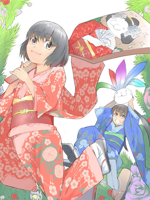 akinbo (hyouka fuyou), asai nana, original, 2girls, black hair, geta, grey eyes, hagoita, hanetsuki, japanese clothes, kimono, long hair, multiple girls, new year, paddle, short hair, smile, tabi, teeth