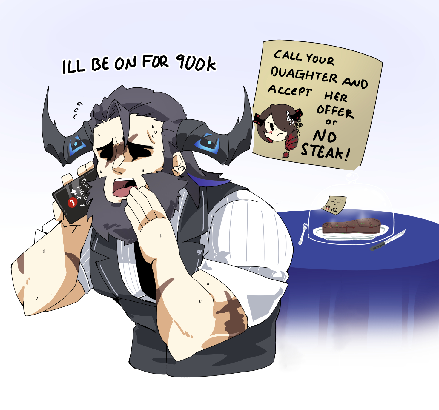 joeboto, mamarissa, paparissa, hololive, hololive english, highres, 1boy, 1girl, beard, black hair, colored inner hair, demon horns, english text, facial hair, food, fork, horns, knife, meat, multicolored hair, plate, red hair, steak, sweat, two-tone hair, vest, virtual youtuber