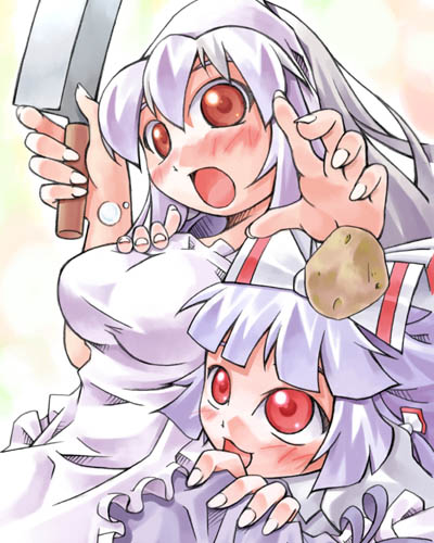 nyagakiya, fujiwara no mokou, kamishirasawa keine, touhou, lowres, 2girls, apron, female focus, grey headscarf, headscarf, hug, hug from behind, knife, multiple girls, surprised