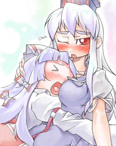 nyagakiya, fujiwara no mokou, kamishirasawa keine, touhou, lowres, > <, 2girls, between breasts, blush, breasts, closed eyes, female focus, head between breasts, hug, multiple girls