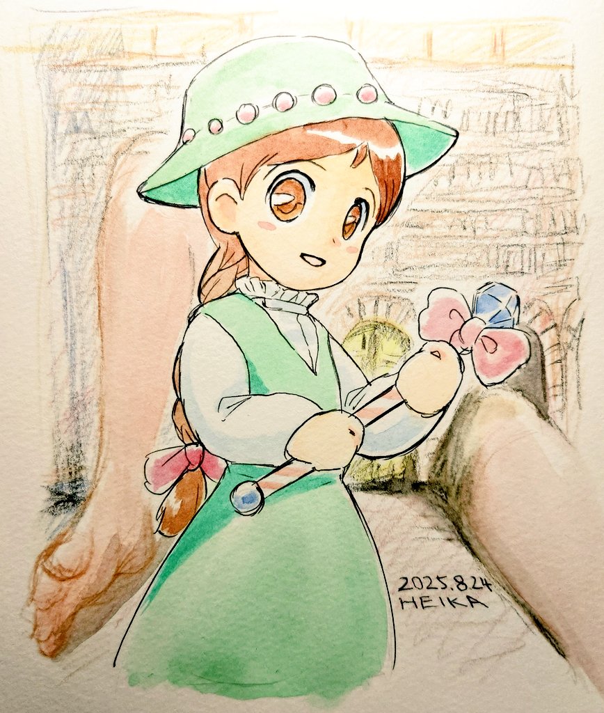 heika (heikahp), commentary request, traditional media, 2girls, artist name, barefoot, bow, braid, brown eyes, brown hair, bucket hat, cropped legs, dated, door, dress, feet, giant, giantess, green dress, green hat, hair bow, hat, holding, holding wand, in-universe location, jewelry, long hair, looking at viewer, mel (purirura), multiple girls, parted lips, pinafore dress, pink bow, purirura, shirt, single braid, sleeveless, sleeveless dress, smile, solo focus, standing, thighs, wand, white shirt