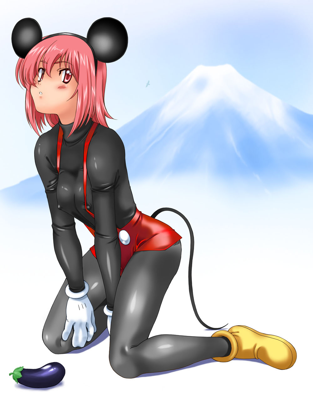 kamia (not found), kasuga aya, mickey mouse, disney, mickey mouse & friends, original, highres, 1girl, animal ears, bird, black pantyhose, breasts, cosplay, covered erect nipples, eggplant, female focus, hatsuyume, hawk, medium breasts, mickey mouse (cosplay), mount fuji, mountain, mouse ears, new year, pantyhose, solo, suspenders