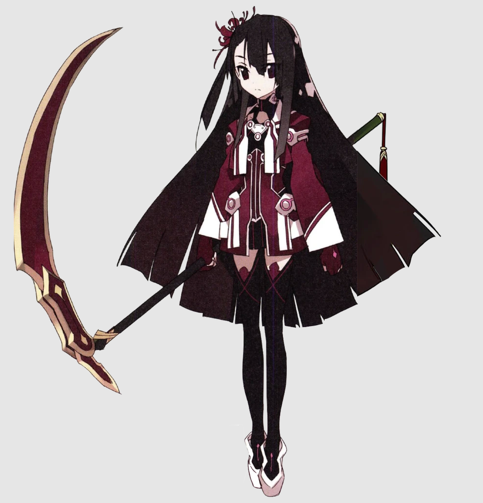 koori chikage, yuuki yuuna wa yuusha de aru, yuuki yuuna wa yuusha de aru: hanayui no kirameki, yuusha de aru, bad source, official art, 1girl, black hair, black thighhighs, blush, dress, flower, full body, gloves, hair flower, hair ornament, holding, holding scythe, long hair, long sleeves, magical girl, one side up, red dress, red flower, red gloves, ribbon, scythe, solo, spider lily, straight-on, thighhighs, very long hair
