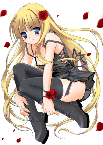 kanekiyo miwa, evangeline a.k. mcdowell, mahou sensei negima!, lowres, 00s, 1girl, blonde hair, blue eyes, blush, boots, female focus, flat chest, flower, loli, long hair, nipple slip, nipples, no panties, petals, rose, solo, thighhighs, vampire, very long hair
