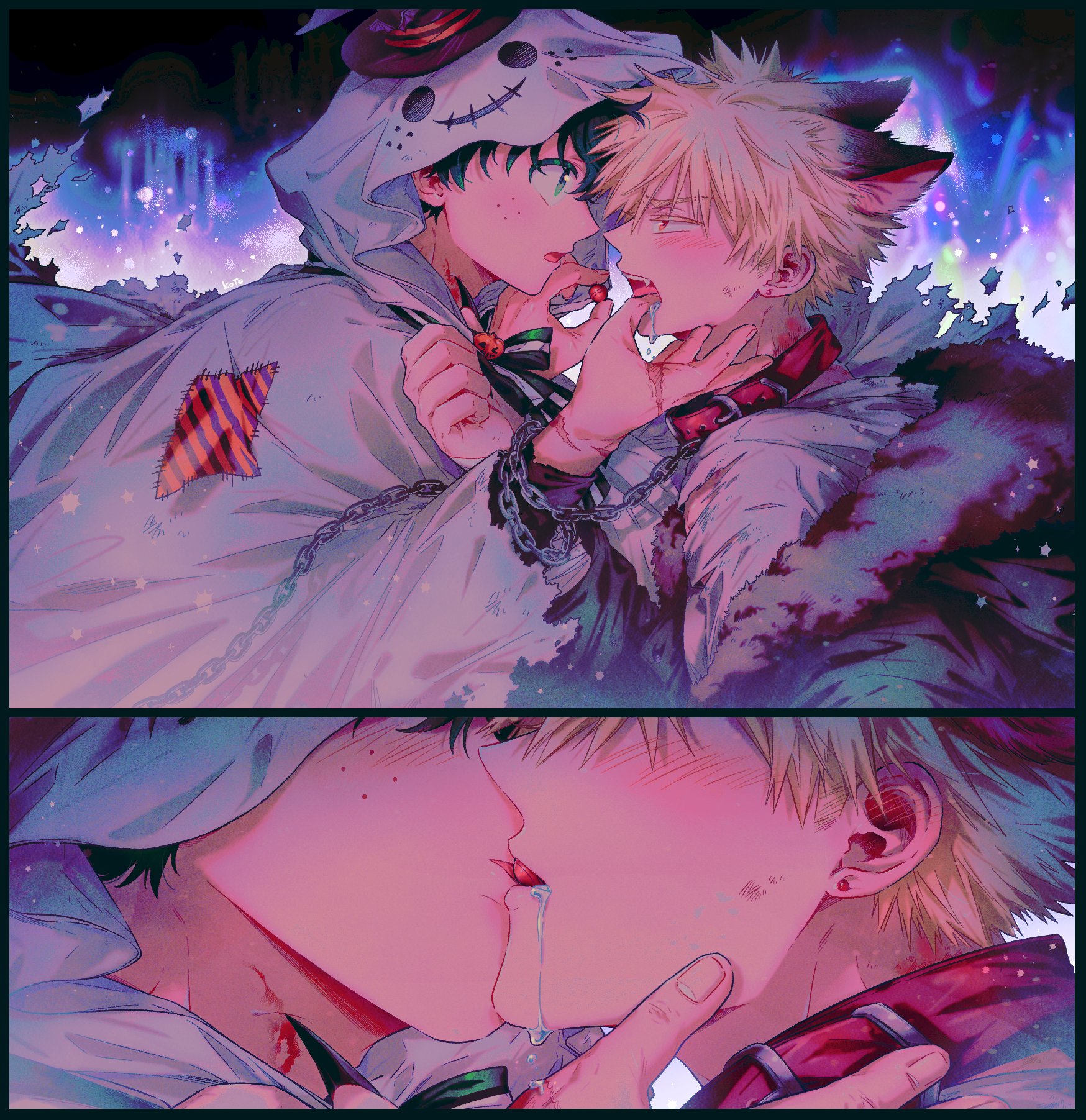12ko to, bakugou katsuki, midoriya izuku, boku no hero academia, ears back, commentary, english commentary, highres, 2boys, animal ears, arms up, black hat, blonde hair, candy, chain, collar, drooling, earrings, finger in another's mouth, fingernails, food, food in mouth, freckles, ghost costume, halloween costume, hand on own face, hat, holding, holding candy, holding food, jewelry, kiss, male focus, multiple boys, neck ribbon, official alternate costume, piercing, profile, red collar, ribbon, stud earrings, witch hat, wolf ears, yaoi