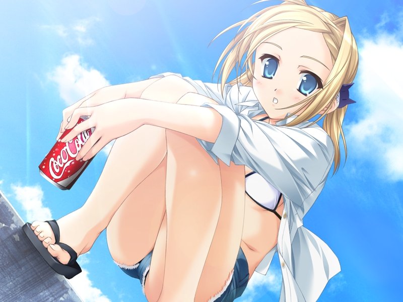akino takehiko, bettou izumi-shizuka scarlett, coca-cola, scarlett, game cg, 1girl, bikini, blonde hair, blue eyes, can, cutoffs, day, denim, denim shorts, drink, drink can, feet, female focus, flat chest, flip-flops, sandals, short hair, short shorts, shorts, sky, soda can, solo, squatting, swimsuit