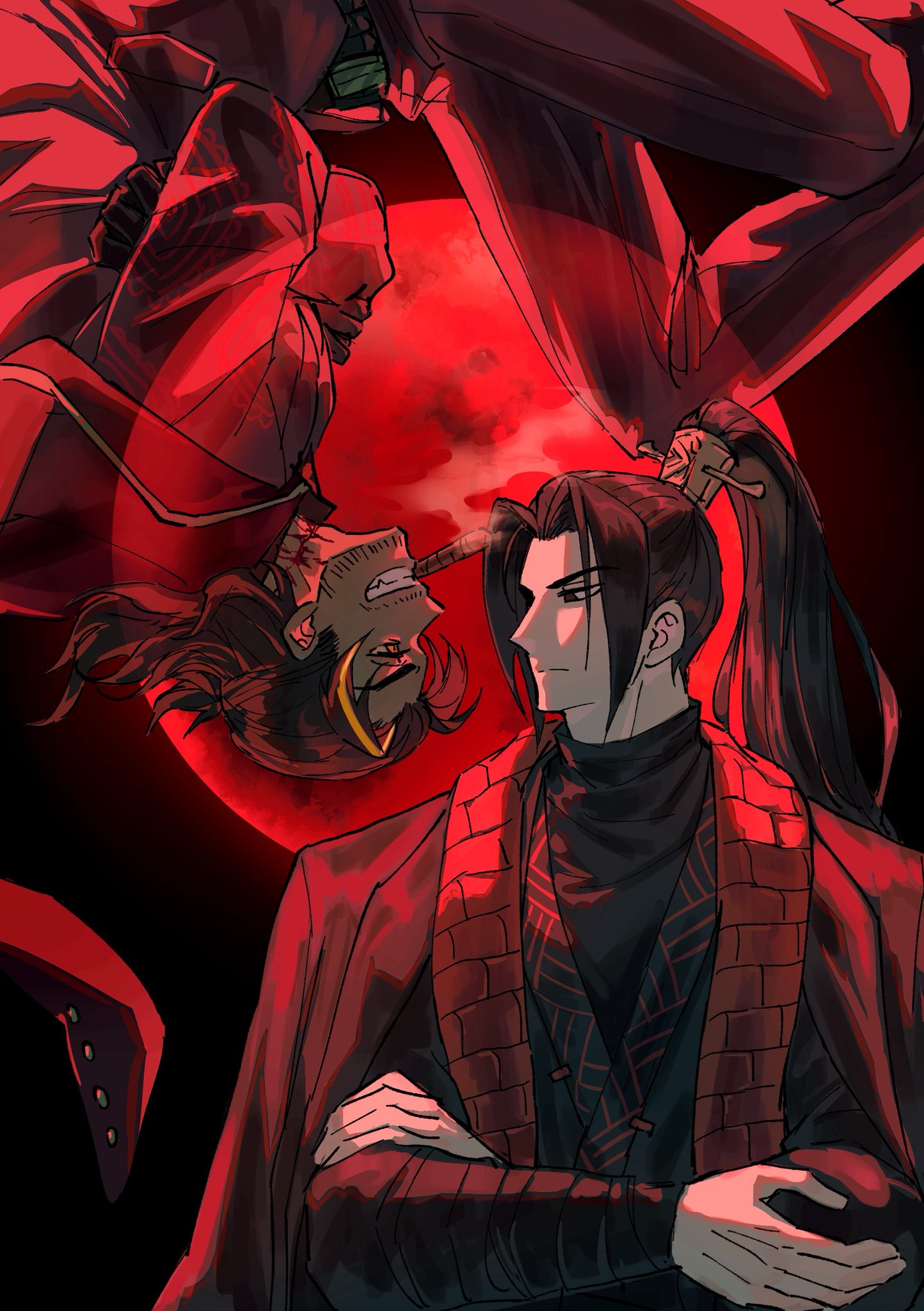 killerohan, jia qiu (project moon), lei heng (project moon), limbus company, project moon, highres, 2boys, :/, beard stubble, black eyes, black hair, black hanfu, brown hair, chinese clothes, cigar, clenched teeth, crossed arms, facial hair, floating, grin, hair ornament, hanfu, high ponytail, jacket, jacket on shoulders, limited palette, long hair, looking at another, low ponytail, male focus, mullet, multiple boys, ponytail, red jacket, red scarf, red trim, scarf, sharp teeth, short hair, sideburns, single hair streak, smile, smoking, stole, stubble, teeth, upper body, upside-down