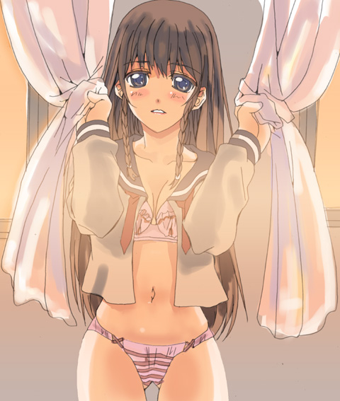 amaya yuu, original, bra, lingerie, panties, school uniform, serafuku, solo, striped clothes, striped panties, underwear