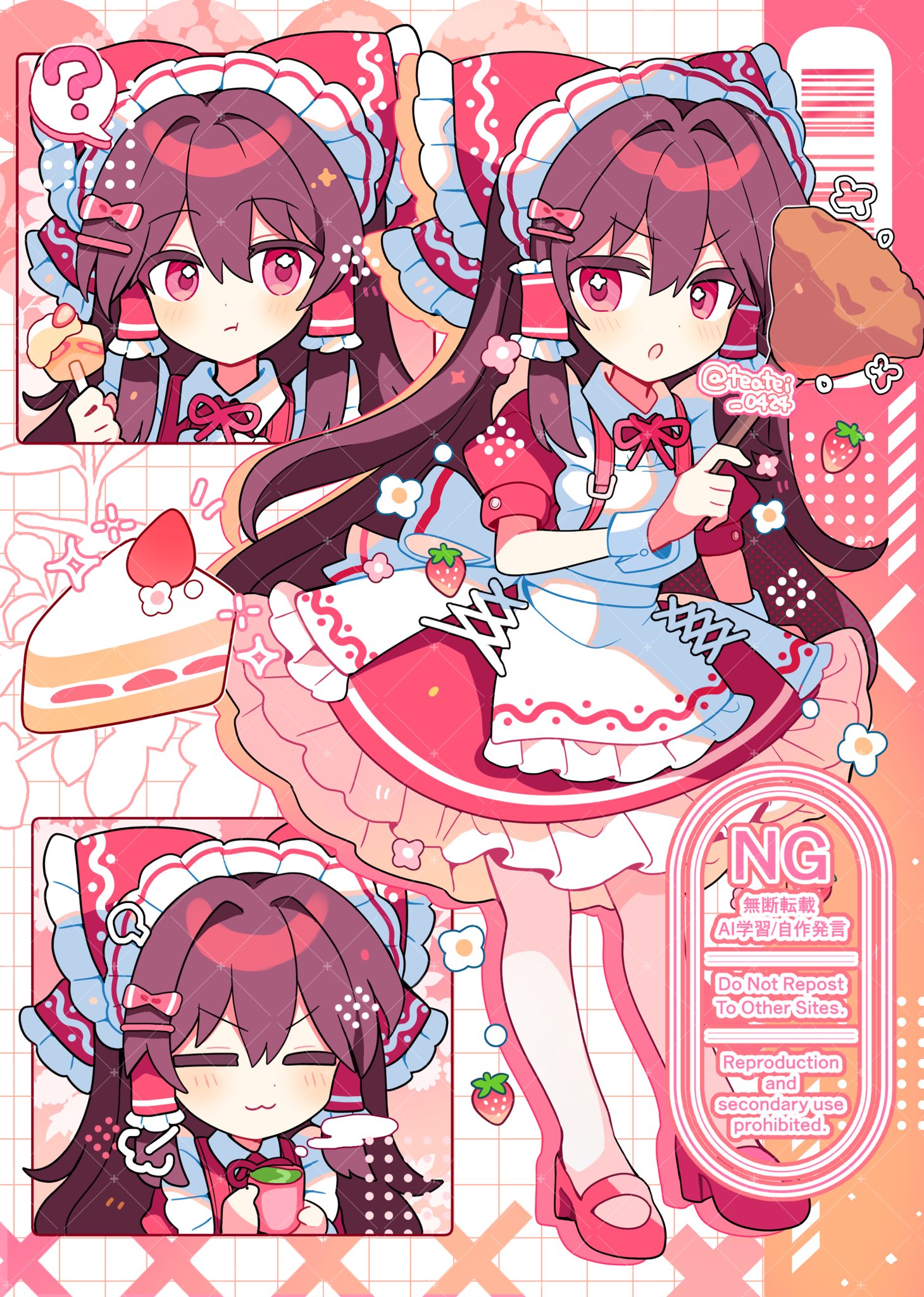 shirocha tei, hakurei reimu, touhou, commentary, highres, 1girl, :3, :o, :t, = =, ?, alternate costume, apron, arm at side, blush, bow, brown hair, cake, cake slice, closed mouth, cup, dress, drop shadow, eating, enmaided, food, frilled apron, frilled bow, frilled dress, frilled hair tubes, frills, frown, fruit, full body, green tea, hair between eyes, hair bow, hair intakes, hair ornament, hair tubes, hairclip, hand up, holding, holding cup, huge bow, long hair, looking at viewer, maid, maid apron, maid headdress, mary janes, multiple views, neck ribbon, notice lines, open mouth, pink shoes, puffy short sleeves, puffy sleeves, red bow, red dress, red eyes, red ribbon, ribbon, shoes, short sleeves, sidelocks, simple background, smile, smug, sparkle, speech bubble, spoken question mark, standing, strawberry, tea, twitter username, upper body, v-shaped eyebrows, very long hair, watermark, white apron, white background
