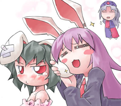 nyagakiya, inaba tewi, reisen udongein inaba, yagokoro eirin, touhou, lowres, 3girls, animal ears, chibi, female focus, multiple girls, rabbit ears, standing, white background