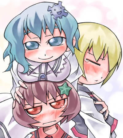 nyagakiya, lunasa prismriver, lyrica prismriver, merlin prismriver, touhou, lowres, 3girls, :<, blonde hair, blue hair, blush, breast envy, breast rest, breasts, breasts on head, brown hair, chibi, female focus, hair ornament, large breasts, multiple girls, short hair, siblings, sisters, tears, teasing