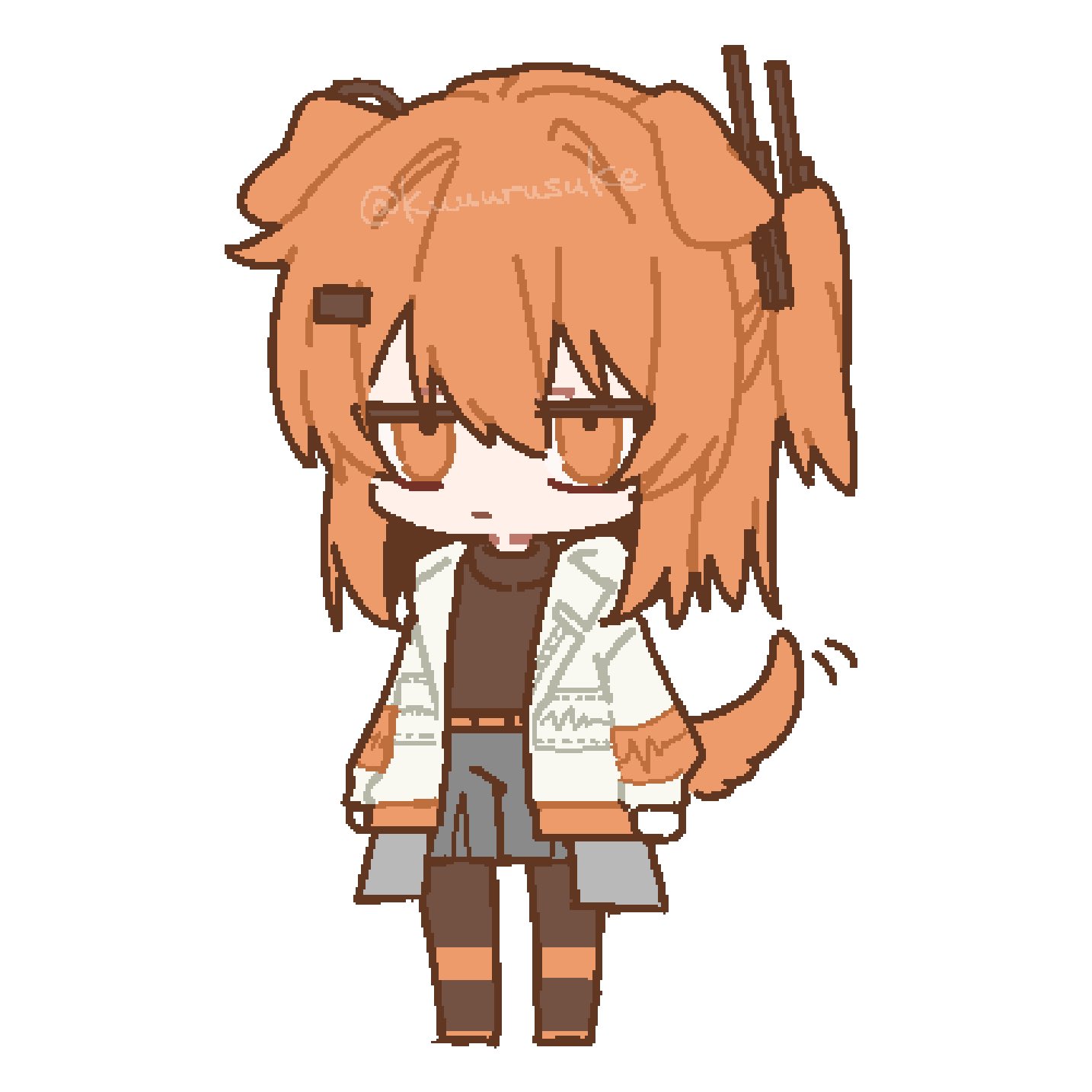 kuuurusuke, adachi rei, a.i. voice, utau, highres, 1girl, animal ears, arms at sides, black shirt, chibi, chibi only, closed mouth, dog ears, dog girl, dog tail, full body, grey shorts, jacket, kemonomimi mode, long sleeves, looking at viewer, one side up, open clothes, open jacket, orange eyes, orange hair, shirt, shorts, solo, standing, tail, white jacket