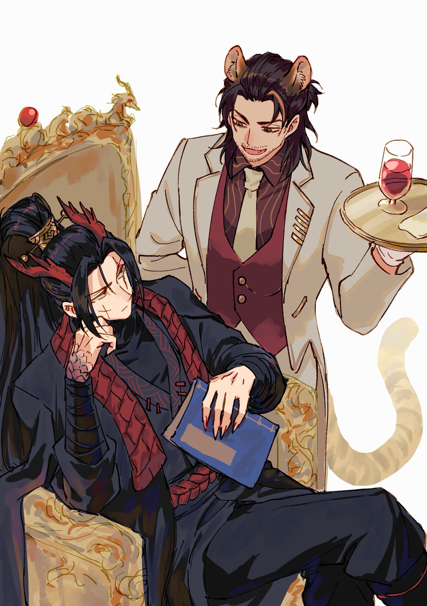 killerohan, jia qiu (project moon), lei heng (project moon), limbus company, project moon, chinese commentary, commentary request, highres, 2boys, :d, animal ears, arm behind back, black eyes, black hair, black hanfu, black jacket, black shirt, book, chinese clothes, coat, collared shirt, cross scar, crossed legs, cup, curtained hair, dragon horns, drinking glass, fang, feet out of frame, fingernails, formal clothes, from above, gloves, grin, hair ornament, hair slicked back, hand on own chin, hanfu, high ponytail, holding, holding book, holding tray, horns, jacket, jacket on shoulders, kemonomimi mode, long hair, looking at another, male focus, mullet, multiple boys, napkin, necktie, open mouth, ponytail, red scarf, red trim, red vest, scales, scar, scar across eye, scar on face, scarf, sharp fingernails, shirt, single hair streak, sitting, smile, stole, striped clothes, striped shirt, suit, tail, tiger ears, tiger tail, tray, vest, white coat, white gloves, white necktie, white suit, wine glass