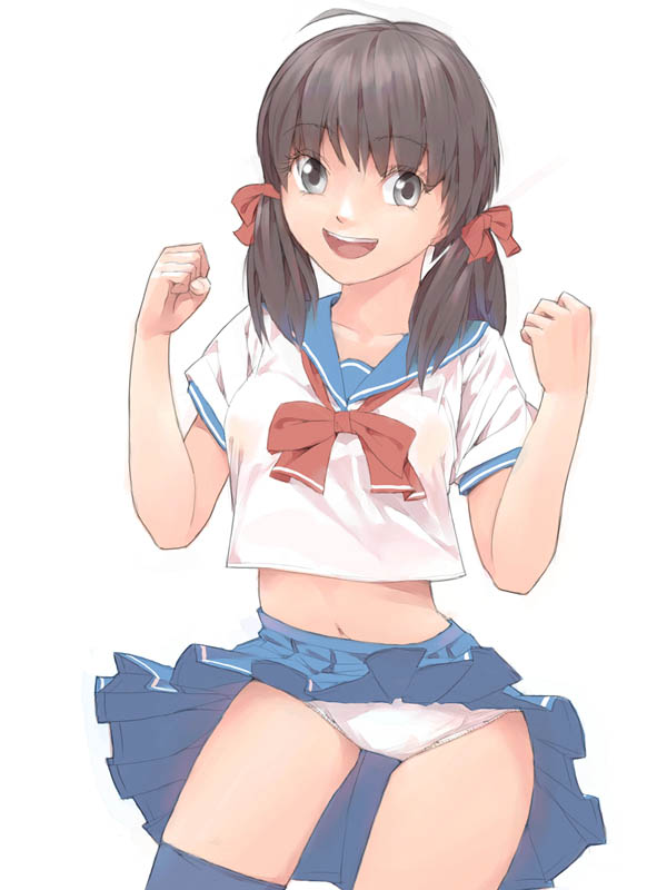 akinbo (hyouka fuyou), original, 1girl, blue skirt, blue thighhighs, brown hair, clothes lift, female focus, grey eyes, hair ribbon, long hair, open mouth, panties, print skirt, red ribbon, ribbon, school uniform, serafuku, shirt, skirt, skirt lift, smile, solo, teeth, thigh gap, thighhighs, thighs, twintails, underwear, white panties, white shirt