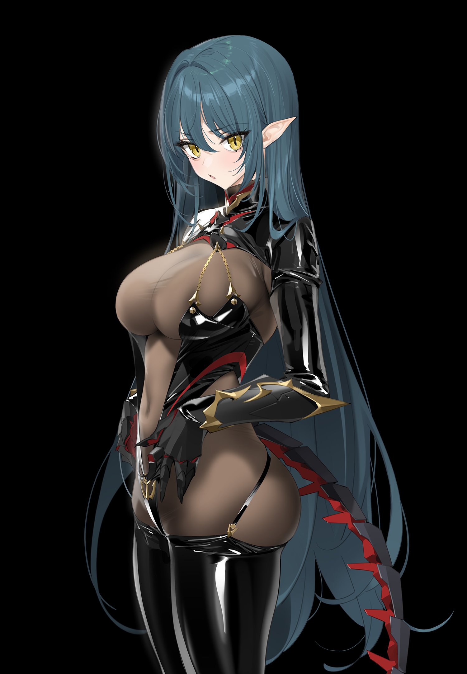 yd (orange maru), regensburg (azur lane), azur lane, highres, 1girl, black leotard, black shrug, black slingshot swimsuit, black thighhighs, blue hair, bodystocking, breasts, cleavage, dragon girl, dragon tail, gauntlets, hair between eyes, halter leotard, halterneck, large breasts, leotard, long hair, looking at viewer, mechanical tail, navel, non-humanoid robot, open mouth, pointy ears, robot, robot dragon, shrug (clothing), skindentation, slingshot swimsuit, slit pupils, solo, standing, swimsuit, tail, thighhighs, yellow eyes