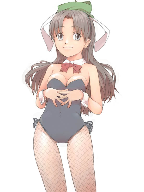 akinbo (hyouka fuyou), original, animal ears, brown hair, fake animal ears, fishnet pantyhose, fishnets, hat, leotard, long hair, pantyhose, playboy bunny, rabbit ears, smile, solo, thigh gap, thighs