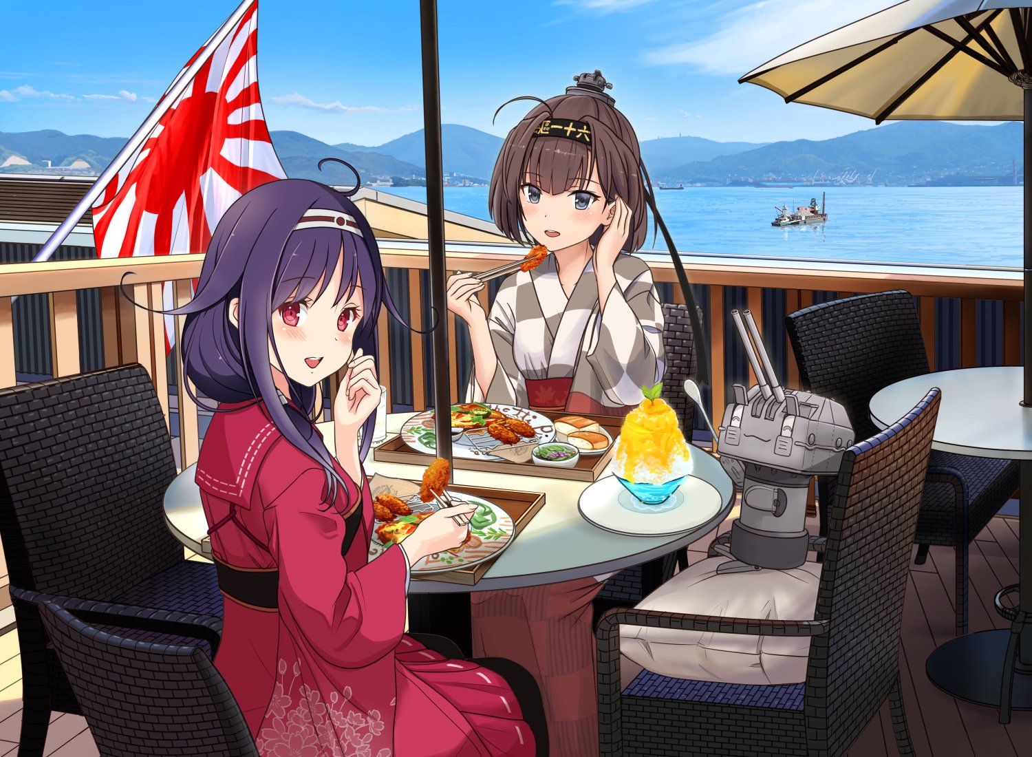 hitakikan, akizuki (kancolle), akizuki (yukata) (kancolle), ryuuhou (kancolle), taigei (kancolle), kantai collection, commentary request, 2girls, black hair, black headband, black pantyhose, blue sky, chair, checkered clothes, checkered kimono, cloud, day, food, grey eyes, hair flaps, headband, japanese clothes, kimono, long hair, multiple girls, official alternate costume, outdoors, pantyhose, pleated skirt, ponytail, purple hair, red eyes, red sailor collar, red shirt, red skirt, rising sun flag, sailor collar, shaved ice, shirt, skirt, sky, sunburst, table, umbrella, water, yukata