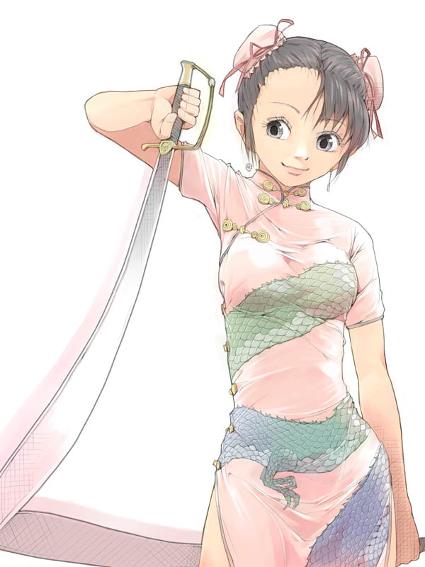 akinbo (hyouka fuyou), black hair, brown hair, bun cover, china dress, chinese clothes, dao (weapon), double bun, dragon, dress, hair bun, short hair, solo, sword, weapon