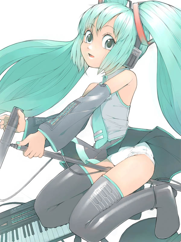 akinbo (hyouka fuyou), hatsune miku, vocaloid, detached sleeves, green hair, instrument, keyboard, keyboard (instrument), long hair, microphone, microphone stand, miniskirt, necktie, panties, skirt, solo, thighhighs, twintails, underwear, very long hair