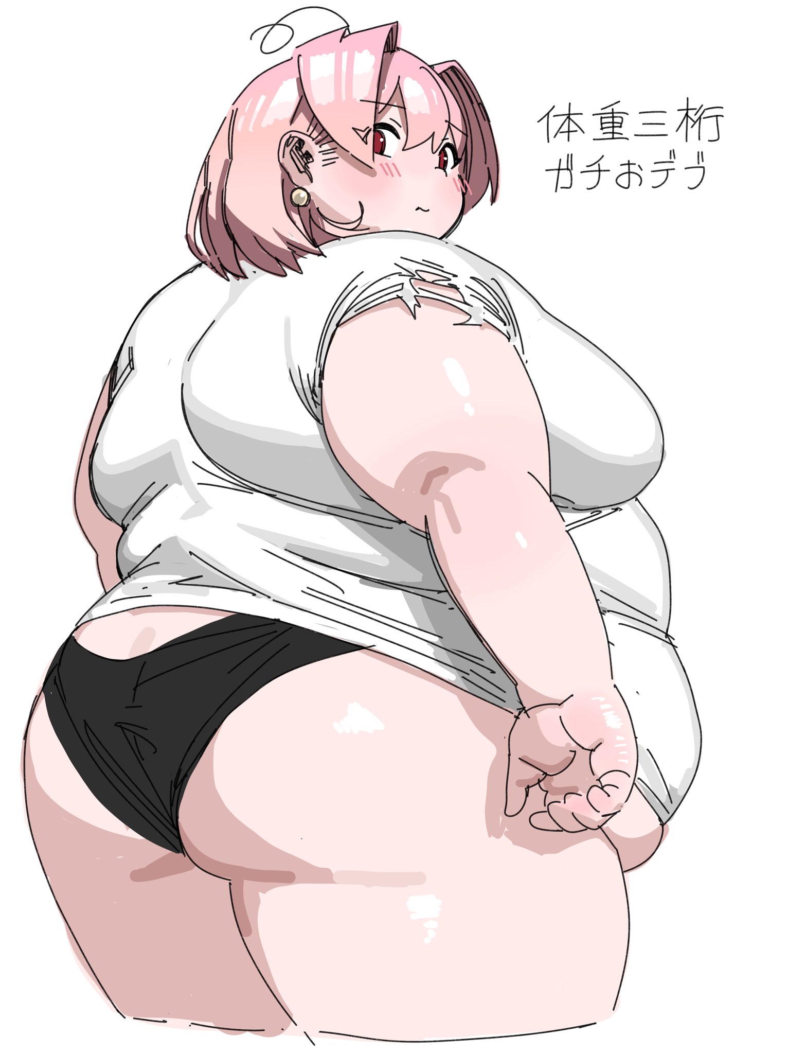 utoka, original, 1girl, ahoge, ass, big belly, black panties, blush, breasts, earrings, embarrassed, fat, fat woman, from behind, japanese text, jewelry, large breasts, looking back, obese, panties, pearl earrings, pink hair, red eyes, shirt, short hair, solo, standing, t-shirt, thick arms, thick thighs, thighs, tight clothes, torn clothes, torn shirt, underwear, white background, white shirt
