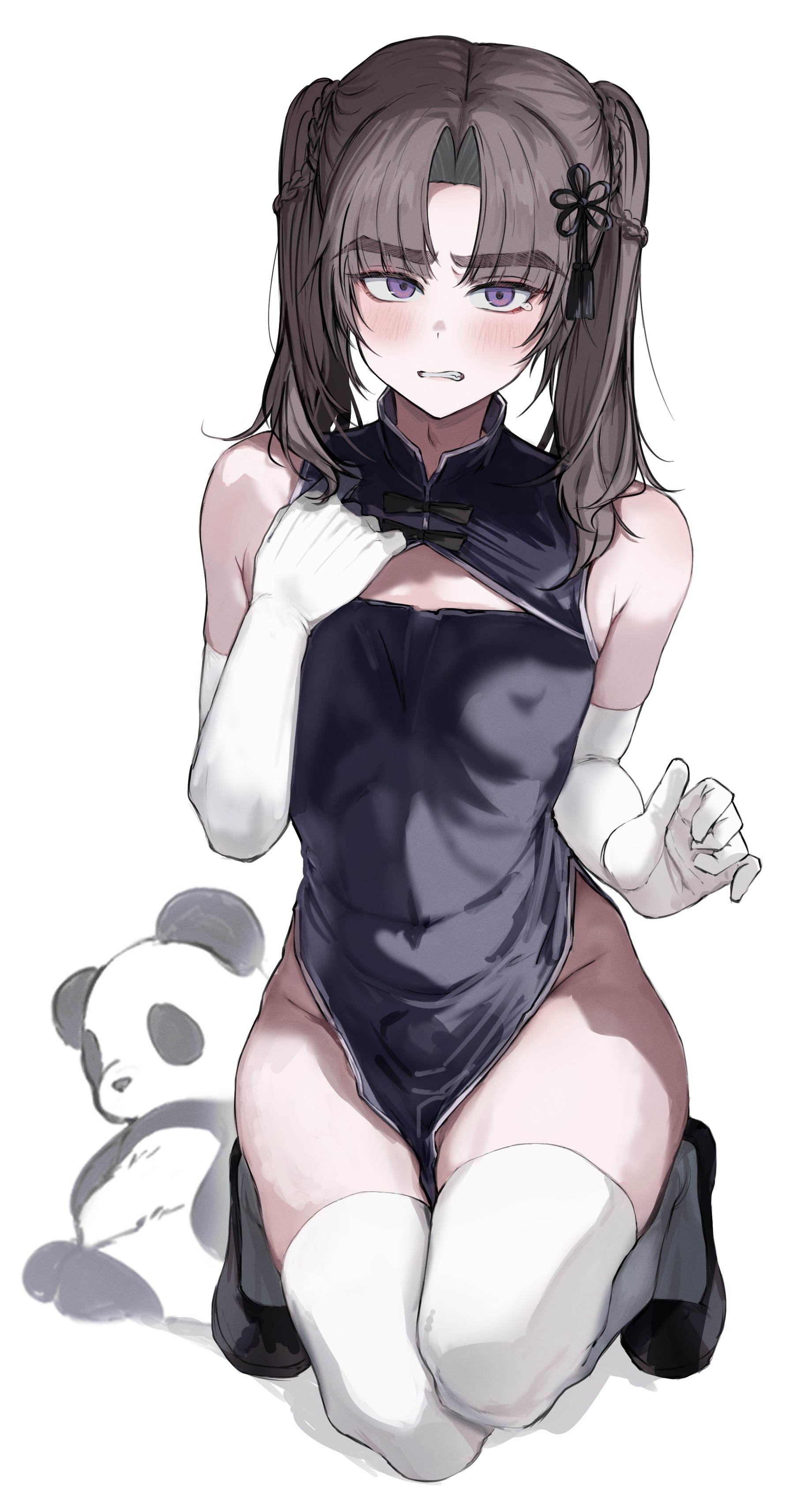 imamiya pinoko, original, absurdres, highres, 1boy, ayase ayato (imamiya pinoko), black hair, china dress, chinese clothes, cleavage cutout, clothing cutout, covered erect nipples, crossdressing, crossdressing (mtf), dress, elbow gloves, gloves, kneeling, pelvic curtain, purple eyes, solo, thick eyebrows, thighhighs, trap, twintails, white background, white gloves, white thighhighs
